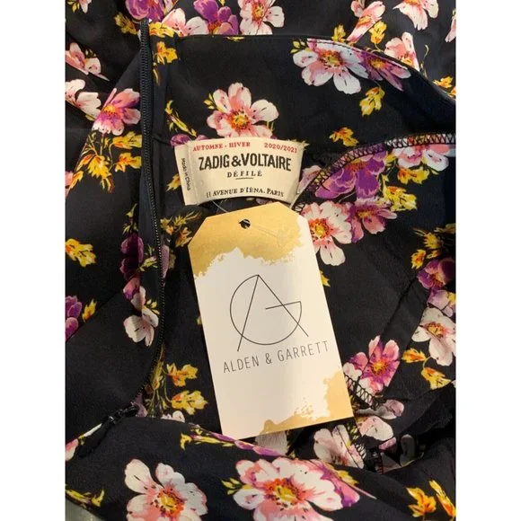 Zadig & Voltaire Rabbi Peonies Black Pleated Floral High Neck Mini Dress, Size S